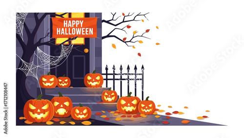 Spooky Halloween Entrance: A festive Halloween scene with carved pumpkins illuminated at night, adorned with decorations, creates an eerie ambiance for the holiday. 