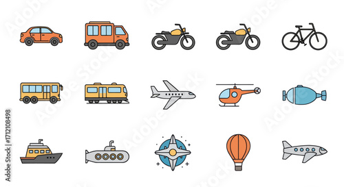Collection of various transportation vehicles illustrated in flat style