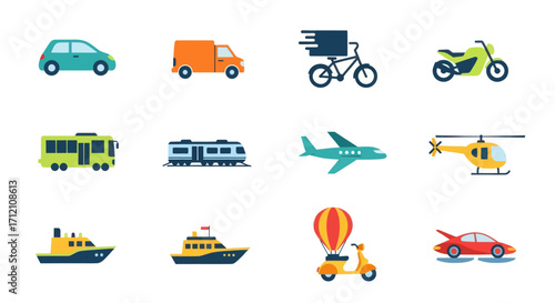 Various transportation modes flat icons collection
