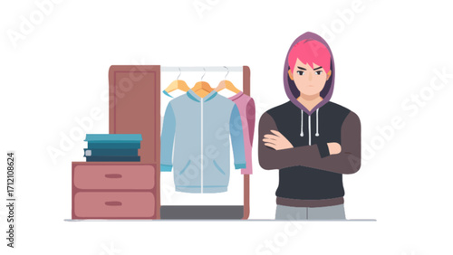 Cartoon man with pink hair in hoodie standing next to closet with clothes hanging up