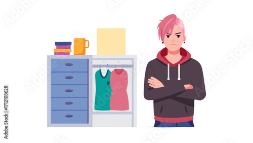 Illustration of angry pink haired person with wardrobe and clothes in the background