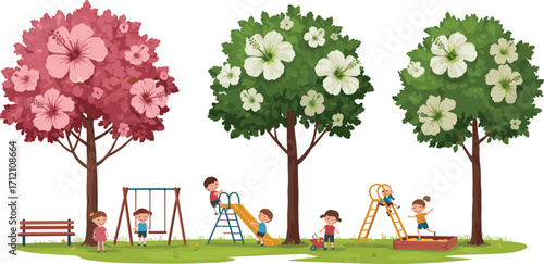 Children playing in hibiscus park, outdoor playground, swing set, slide, sandbox, seesaw, joyful nature, colorful flowers, springtime fun, family activity