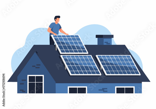 Man installing solar panels on a house roof A sustainable energy solution illustration