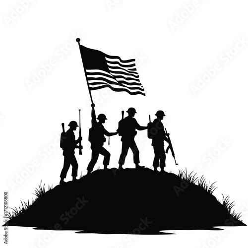 Silhouette soldiers raising American flag on grassy hill