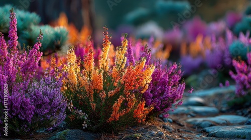 Close-up view of vibrant heather flowers in full bloom growing alongside a rocky garden path in a natural setting
