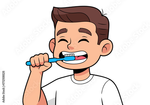 Happy Boy Brushing Teeth Oral Hygiene Cartoon Illustration