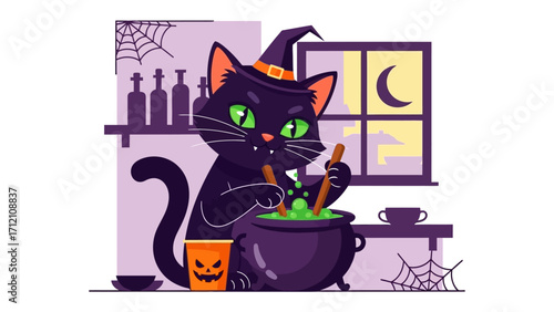 A Mischievous Black Cat Brews Up Halloween Fun: A bewitching black cat, adorned in a pointed hat, stirs a bubbling potion in a cauldron.