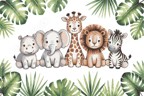 Adorable watercolor safari animals in a lush green jungle setting