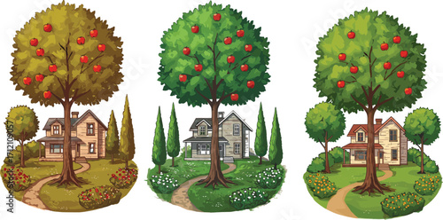 Seasonal house landscape, apple tree garden, spring summer autumn view, nature foliage change, backyard orchard, blooming flowers, seasonal illustration art