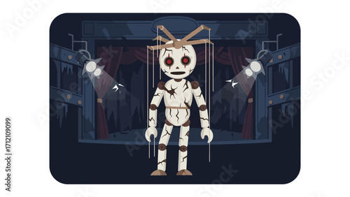 Creepy Puppet in the Spotlight: A vintage marionette with an eerie presence, illuminated by spotlights, casts a shadow in a mysterious theater.