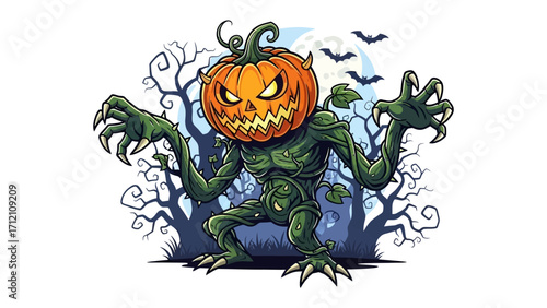 Spooky Pumpkin Monster: A chilling illustration of a menacing monster with a pumpkin head, set against a haunting backdrop of bare trees and a full moon, embodies the eerie essence of Halloween.