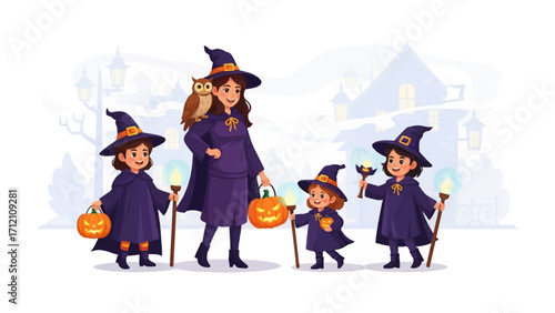 Halloween Witch Family: A bewitching family of witches prepares for a night of trick-or-treating. The mother witch, accompanied by an owl, leads her children, each holding a lantern and a pumpkin.