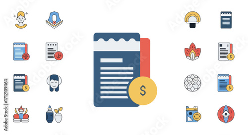 Diverse collection of flat line art icons representing various subjects