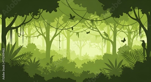 A vibrant vector flat illustration of a dense tropical rainforest with layered foliage in varying shades of green. 