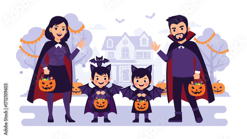 Spooky Halloween Family Costume: A heartwarming scene of a family of five, donned in whimsical costumes and ready to celebrate the spookiest time of year. Their festive attire.