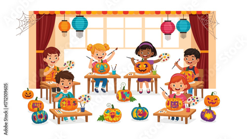Creative Pumpkin Decorating: Cheerful children engage in a colorful and creative pumpkin decorating session, surrounded by festive Halloween decorations.