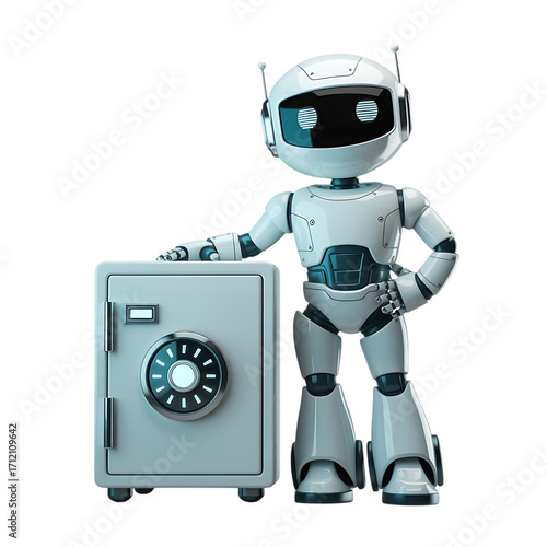 adorable compact finance robot standing beside secure safe box representing financial security and banking isolated on transparent background