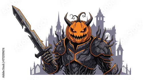Halloween Pumpkin Knight: A menacing pumpkin-headed knight, clad in dark armor and wielding a large sword, stands before a haunted castle.