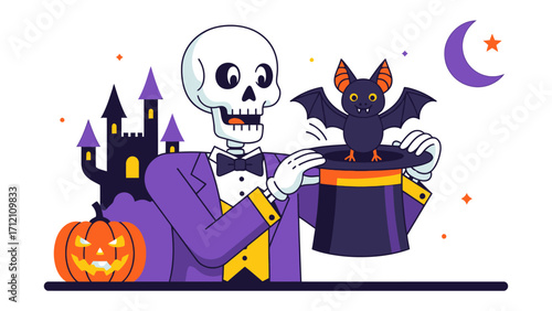 Halloween Spectacle: A whimsical illustration of a dapper skeleton conjuring a bat from a magical hat. A celebration of all things spooky, showcasing Halloween spirit with a castle, pumpkin, moon.