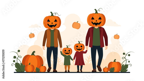 Pumpkin-Headed Family: a family in festive costumes for Halloween. Capturing joy and fun during All Hallows' Eve.