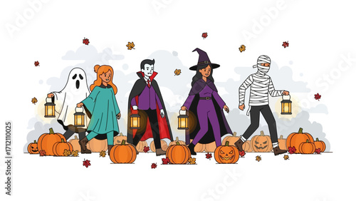 Halloween Gathering: A captivating scene of diverse characters in festive costumes, each one is holding an old lantern and walking among carved pumpkins and autumn foliage.