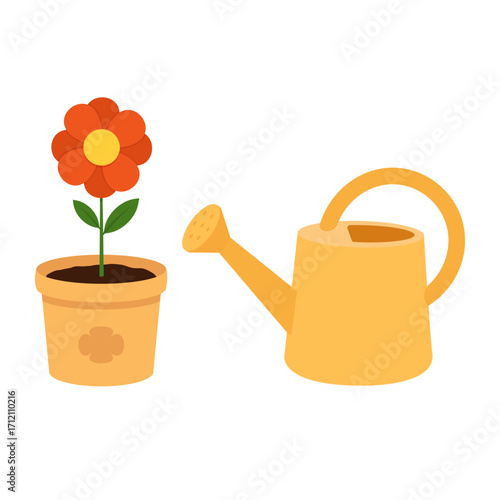 Bright flower and watering can isolated on white