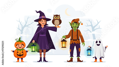 Whimsical Halloween Gathering: A charming scene unfolds as a diverse cast of costumed figures, from a bewitching witch to a friendly ghost and a mischievous elf.
