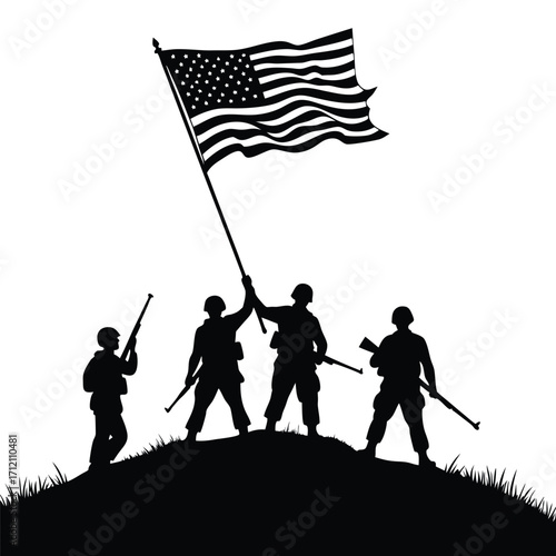 Silhouette soldiers raising American flag on grassy hill