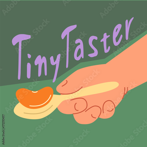 Food for young children a tangerine in a spoon. Cartoon illustration of fruit for toddler. Tiny taster