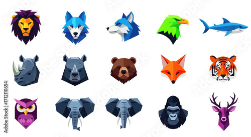 Collection of colorful geometric animal portraits