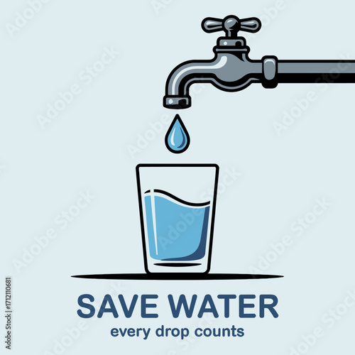 Conceptual illustration highlighting the importance of saving water with a dripping faucet and filled glass emphasizing every drop counts message