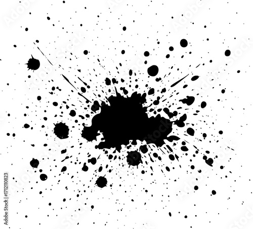 Black ink blot with splatters and drips on a white background, creating an abstract design.