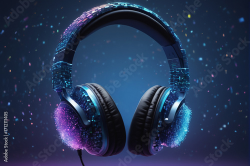 Digital Soundscape, Futuristic Neon Headphones. Generative AI. 