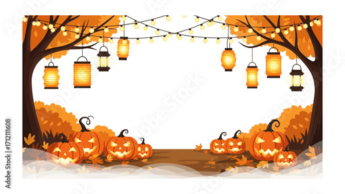 Spooky Halloween Scene: A festive scene of jack-o'-lanterns and glowing lanterns adorns the autumnal landscape. capturing the essence of the autumn season's charm, mystery and anticipation.