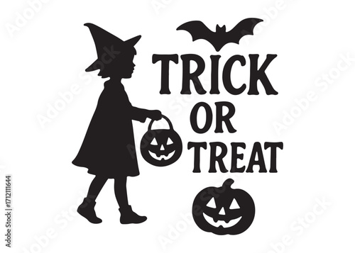 trick or treat logo silhouette vector, trick or treat lettering vector silhouette illustration, children in halloween go trick or treating logo silhouettes vector on white background. 