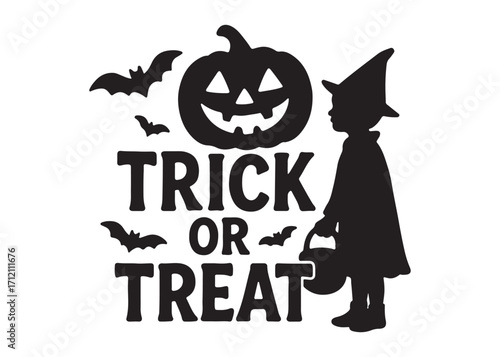 trick or treat logo silhouette vector, trick or treat lettering vector silhouette illustration, children in halloween go trick or treating logo silhouettes vector on white background. 
