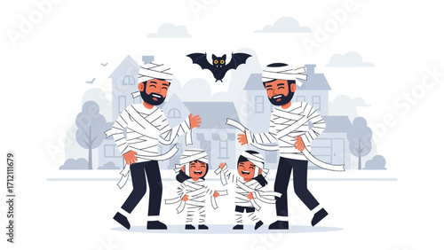 Family Halloween Fun: A whimsical Halloween scene with a family dressed as mummies playfully interacting in a festive neighborhood, with bats flying around and building at background.