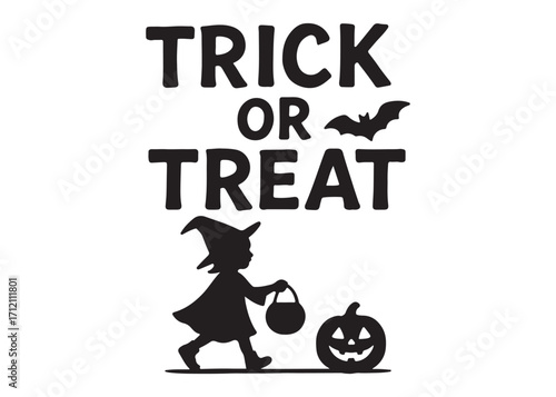 trick or treat logo silhouette vector, trick or treat lettering vector silhouette illustration, children in halloween go trick or treating logo silhouettes vector on white background. 