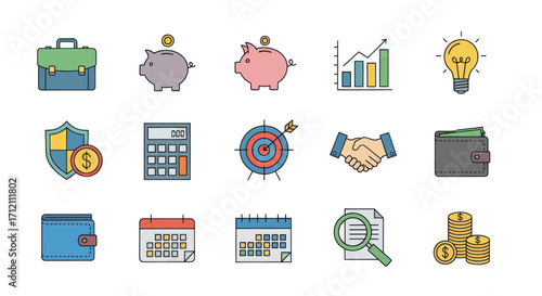 Collection of business finance icons vector graphic design
