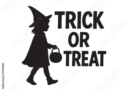 trick or treat logo silhouette vector, trick or treat lettering vector silhouette illustration, children in halloween go trick or treating logo silhouettes vector on white background. 