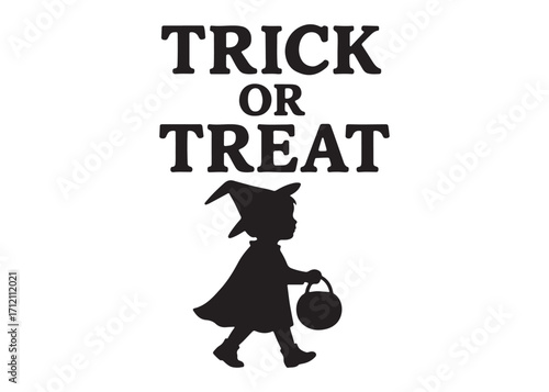 trick or treat logo silhouette vector, trick or treat lettering vector silhouette illustration, children in halloween go trick or treating logo silhouettes vector on white background. 