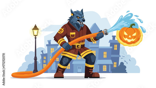 Halloween Rescue: A heroic werewolf firefighter battles to extinguish a Halloween pumpkin ablaze with water, set against a backdrop of silhouetted haunted houses.