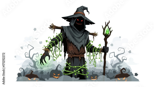 Eerie Guardian of the Pumpkin Patch: A digitally crafted illustration depicts a spooky scarecrow, cloaked in shadows, presiding over a collection of carved pumpkins in an ominous Halloween scene.