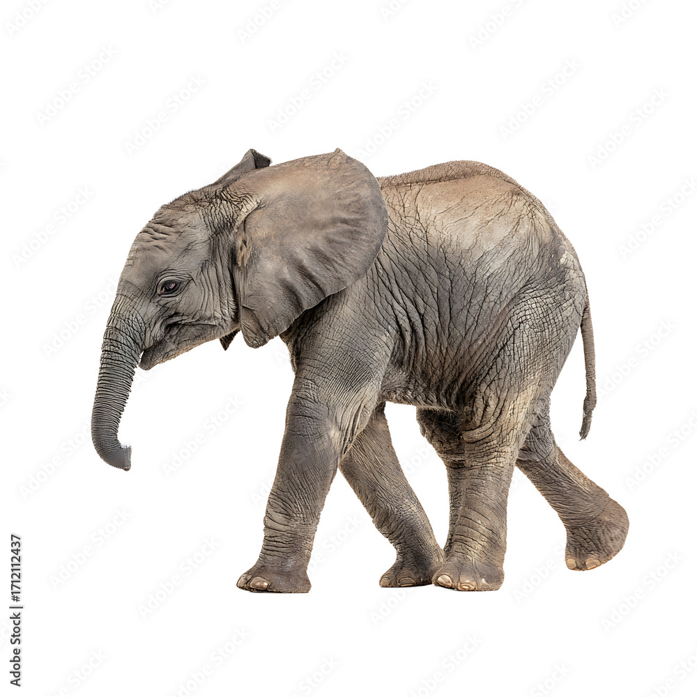 Obraz premium A young elephant with wrinkled skin walks with its trunk down a cute portrait on a plain background A majestic creature in progress !
