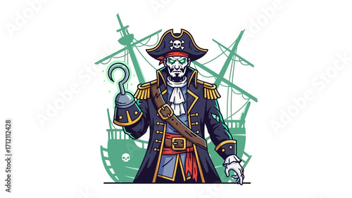 Pirate's Vow: A menacing pirate captain, adorned in classic attire, stands firm against the backdrop of a formidable ship, evoking a sense of adventure and daring on the high seas.