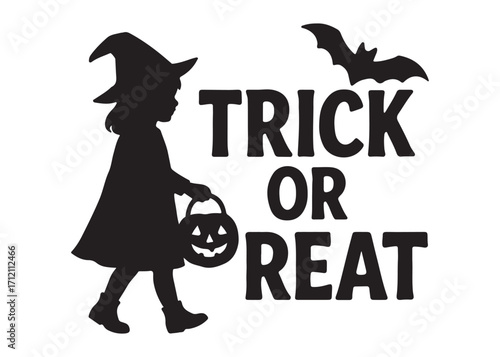 trick or treat logo silhouette vector, trick or treat lettering vector silhouette illustration, children in halloween go trick or treating logo silhouettes vector on white background. 