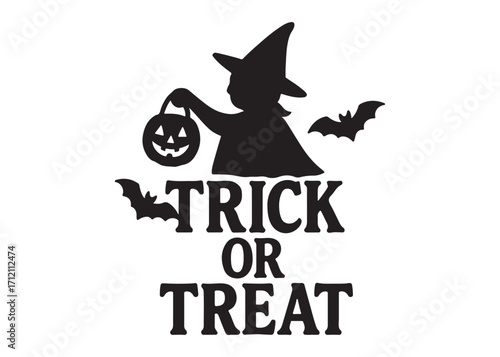trick or treat logo silhouette vector, trick or treat lettering vector silhouette illustration, children in halloween go trick or treating logo silhouettes vector on white background. 