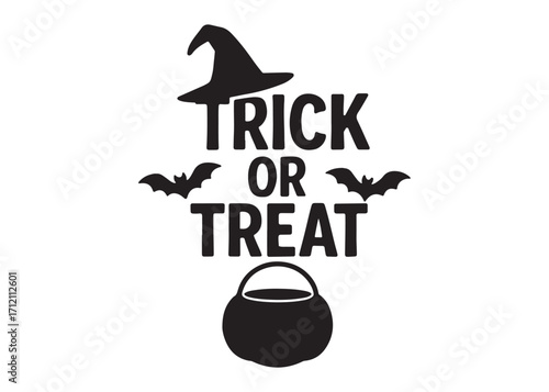 trick or treat logo silhouette vector, trick or treat lettering vector silhouette illustration, children in halloween go trick or treating logo silhouettes vector on white background. 
