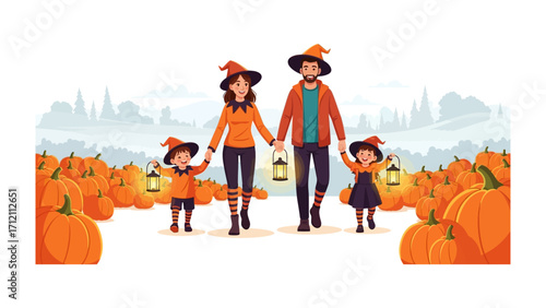 Halloween Family Pumpkin Patch Adventure: A heartwarming illustration captures a family's joyful Halloween adventure amidst a pumpkin patch, carrying lanterns.