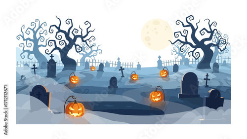 Spooky Halloween Cemetery: A whimsical depiction of a cemetery at night during Halloween, featuring illuminated jack-o'-lanterns amidst tombstones and eerie trees under the pale moonlight.